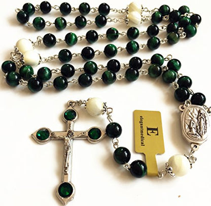 elegantmedical HANDMADE GREEN TIGER EYE BEADS CATHOLIC ROSARY CRUCIFIX NECKLACE Lourdes water Medal