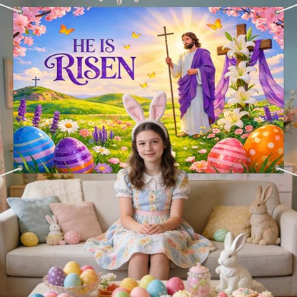 IVN He Is Risen Easter Banner 71x43 Inch Christian Jesus Cross Lilies Eggs - color: He Is Risen Jesus Cross Religious Easter