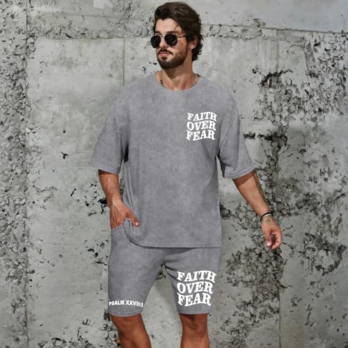 Men's Christian Shirt and Shorts Set Oversized Faith Over Fear T Shirt Washed Religious Bible Verse 2 Piece Outfits - color: Light Gray, size: Small
