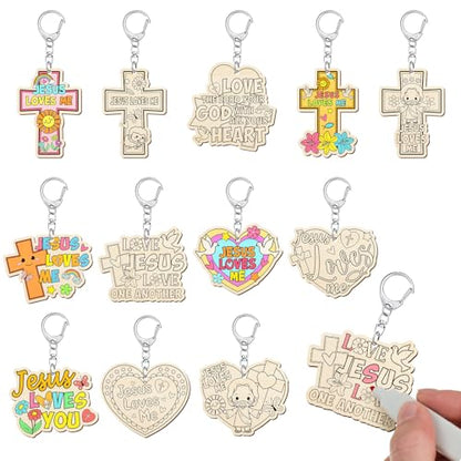 Trnayi 36 Pcs Wood Jesus Loves Me Keychain Color Your Own DIY Craft - style: Jesus Loves Me