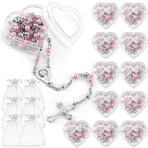 ROCEEI Catholic Rosary Necklace with Crucifix 4mm Beads - color: Pink