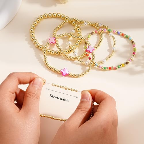 M MOOHAM Beaded Bracelets for Women Teen Girls, 14K Gold Bracelet Stack - color: " Pink Cross
