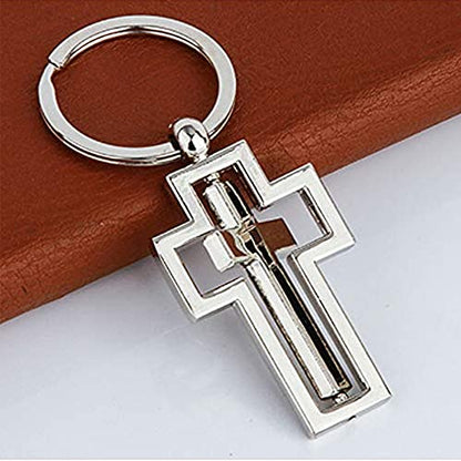 Cross Keychain Rotating Cross Keyring Mental Metal Cross Key Chain Gift Silver