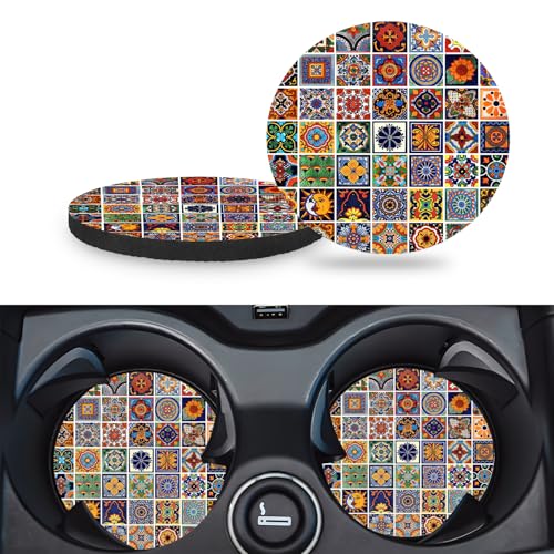 Car Cup Holder Coasters, 2 Pack – 2.75" Universal Auto Anti-Slip Insert Coaster, Rubber Car Coasters, Personalized Car Accessories for Women & Men (Mexican Tiles) - color: Mexican Tiles