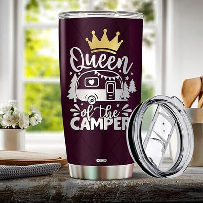 Queen of The Camper Tumbler Camping Gifts For Campers Women Mom Coffee Cup with Lid 20oz Stainless Travel Mug Water Bottle Wife Gift - color: Camping