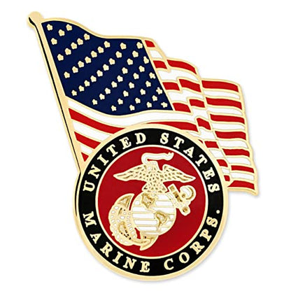 PinMart Officially Licensed U.S.M.C. Lapel Pin - Gold Color Plated Enamel - color: Emblem & USA Flag Gold Plated, size: 10 Pack