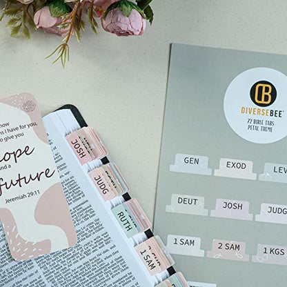 DiverseBee Laminated Bible Tabs (Large Print, Easy to Apply), Bible Tabs Old and New Testament, Bible Study Journaling Supplies, Bible Accessories, Bible Index Tabs, 72 Bible Book Tabs (Petal) Medium - color: Petal