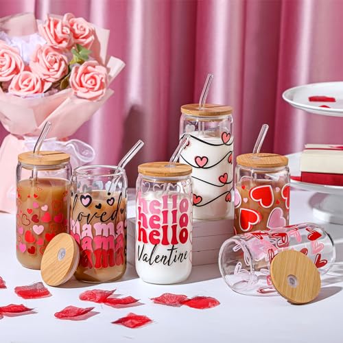 SiliFine 6 Pcs Valentine Heart Glass Cups, 16 oz with Lids and Straws - style: Heart