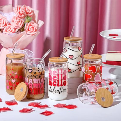 SiliFine 6 Pcs Valentine Heart Glass Cups, 16 oz with Lids and Straws - style: Heart