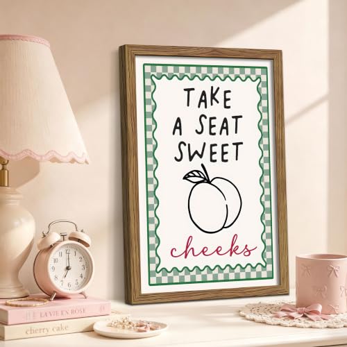 Funny Bathroom Wall Art Framed Canvas Print, Take A Seat Sweet Cheeks Peach Poster Painting Picture, Cute Farmhouse Bathroom Decor, Humorous Restroom Wall Decor for Guest Bathroom Home 16x24 Inch - color: A-Peach, size: 24"L x 16"W