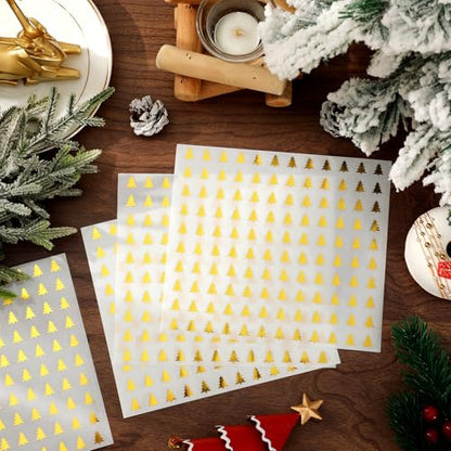 JarThenaAMCS 2400 Pcs Mini Christmas Tree Sticker Gold Foil Paper Decals Self-Adhesive Stickers for Envelopes Scrapbook Gifts DIY Supplies, 0.5 in - style: Christmas Tree