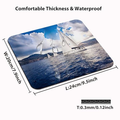 Nautical Sailing Boat and Sails on Sea Waves Cloudy Sky Adventure Photo Print Mouse Pad - color: Ocean Blue