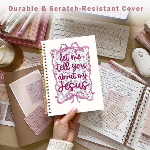 Lacama Bible Journal for Women, Christian Prayer Journal Pink Notebook Gifts for Teen Girls Kids Women, Coquette Preppy Bows Cute Church Faith Journaling Hardcover Spiral Notebook 5.5x8.3 inch - color: Let Me Tell You About My Jesus - Pink