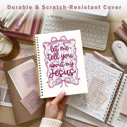 Lacama Bible Journal for Women, Christian Prayer Journal Pink Notebook Gifts for Teen Girls Kids Women, Coquette Preppy Bows Cute Church Faith Journaling Hardcover Spiral Notebook 5.5x8.3 inch - color: Let Me Tell You About My Jesus - Pink