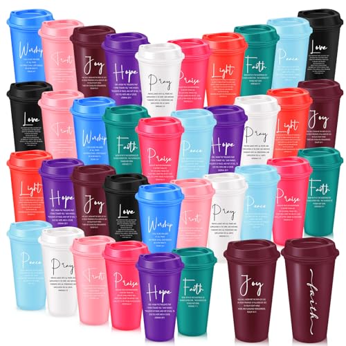 LemonRoad 40 Pcs Christian Gifts for Women Men 16 oz Christian Plastic Coffee Cups with Lids Double Sided Scripture Bible Verse Religious Tumblers Mugs for Church Appreciation Gifts(Bright Color) - color: Bright Color