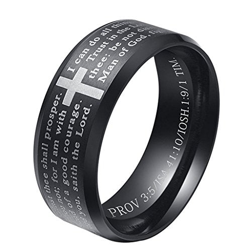Men's Stainless Steel Bible Verse Christian Lord's Prayer Cross Ring Wedding Bands Engraved Praying - color: Black