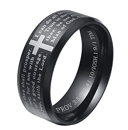 Men's Stainless Steel Bible Verse Christian Lord's Prayer Cross Ring Wedding Bands Engraved Praying - color: Black