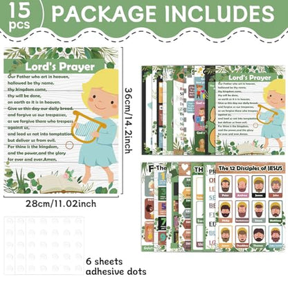 15Pcs Bible Posters for Classroom Sunday School Wall Decor Greenery Christian Books of The Bible Verse Eucalyptus Ten Commandments Poster Set Religious Scripture VBS Bulletin Board Decor(14 x 11in)
