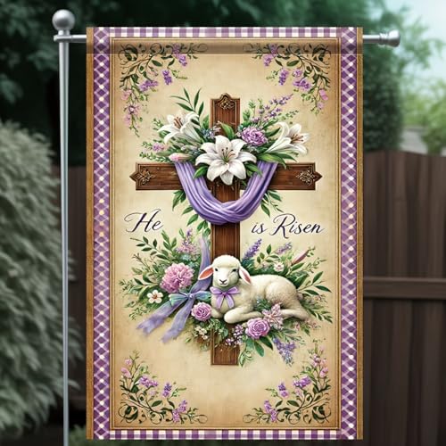 He Is Risen Easter Garden Flag 12x18 Inch Double Sided Outdoor Yard Banner Cross Lily and Lamb Christian Spring Decoration for Church Porch Lawn and Home - color: Easter Lamb Risen #1