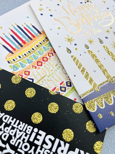 8 Individually Wrapped Birthday Cards Assortment with Envelopes/Stickers. For Women, Men, Kids. Large 5”x7”, Blank Inside. Adorned with Gold Glitter and Embossed Gold Foil. (8 birthday cards)
