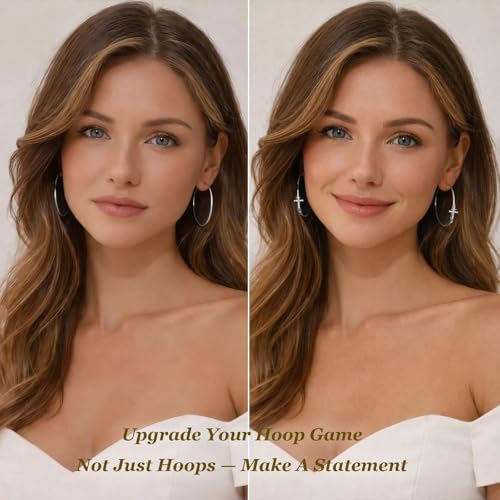 Large Cross Hoop Earrings for Women Sparkly Rhinestone Statement Jewelry for Prom Wedding Party Night Out Accessories Shiny Silver Tone Fashion Dangle Earings - color: Silver