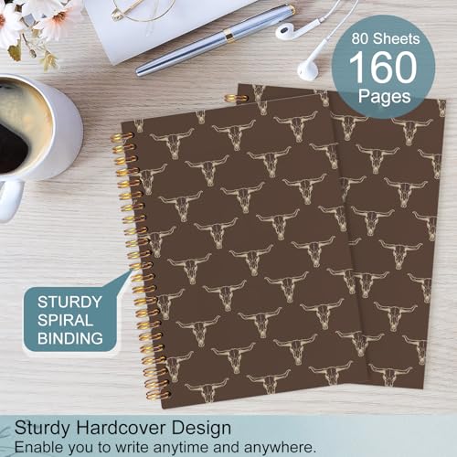 Brown Western Spiral Notebook，Cowboy Gifts for Men,Western Office Supplies - color: White Longhorn Skull Western