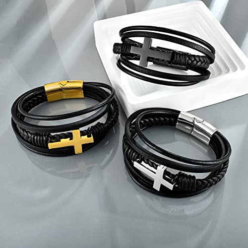 Fahonie Cross Leather Bracelet for Men Women 316L Stainless Steel with 18K Gold Plated Christ Jesus Multi-layer Handmade Christian Bracelet,7.5/8/9 Inches - color: Black