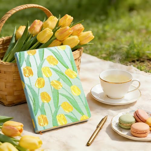 Tulip Gifts, Floral Journal, Cute Notebook, Embroidered Flower Cover, A5, Lined Paper, Wide Ruled, Hardcover, Lay Flat, Journal for Women, Pretty, Garden Journal, Tulips - color: Flower-Tulip