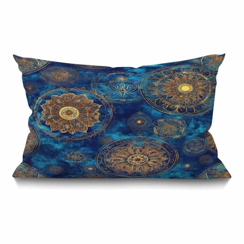 Vintage Gold Navy Mandala Grunge Stylized Damask Pattern with Circles Floral Ornament in Blue Waist Lumbar Cotton Linen Throw Pillow case Cushion Cover for Sofa Home Decorative Oblong 12x20 Inches - color: Md024