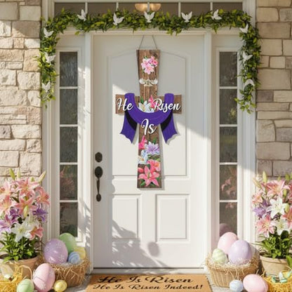 Meooeck Large Easter He Is Risen Door Sign Wooden Religious Cross Hanging Decor Easter Wreaths for Front Door Christian Flowers Lent Hanging Hanger for Farmhouse Front Porch - style: He is Risen