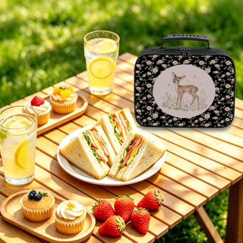 Pink Rose Floral Deer Insulated Lunchbox Bag - color: Deer