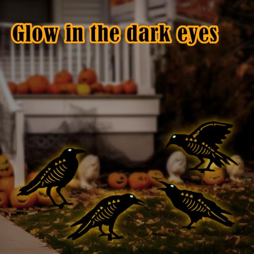 Outdoor Halloween Decor,4 Pack Metal Black Crow Garden Stakes & Glow Eyes - color: Black-Crow
