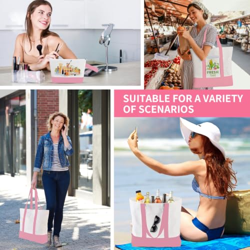 2-Pack Canvas Tote Bags and Makeup Bags, Cotton Zipper Bag, Pink - color: Pink/White