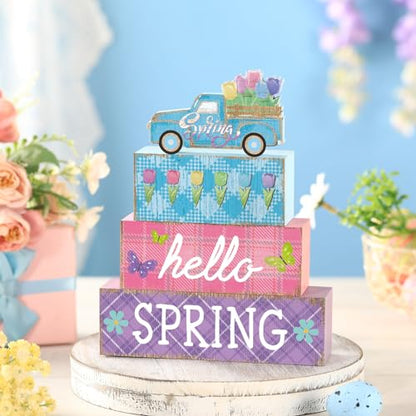 4 Pcs Spring Table Decor Farmhouse Tulip Wooden Sign Spring Wood Block Decorative Floral Truck Tiered Tray Decor Rustic Table Centerpieces for Home Kitchen Shelf Fireplace Desk Indoor - style: Tulip