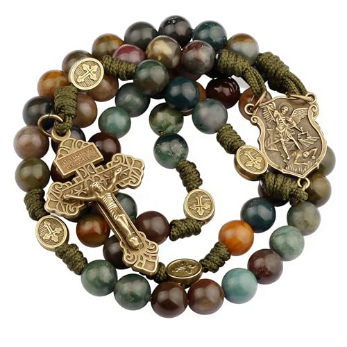 HanlinCC Stone Beads St.Michael Paracord Catholic Rosary with Bag for Men - style: India Agate