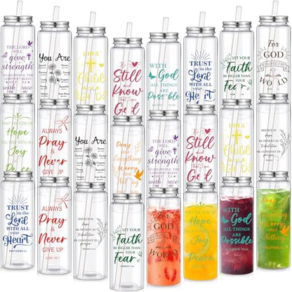 Skylety 24 Pcs Christian Gifts for Women Faith Religious Gifts Cup 17 oz Christian Tumblers Reusable Inspirational Bible Verse Drinking Cups Plastic Mug with Lids Straws for Father's Day Teacher Nurse