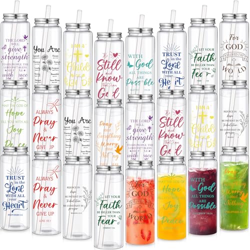 Skylety 24 Pcs Christian Gifts for Women Faith Religious Gifts Cup 17 oz Christian Tumblers Reusable Inspirational Bible Verse Drinking Cups Plastic Mug with Lids Straws for Father's Day Teacher Nurse