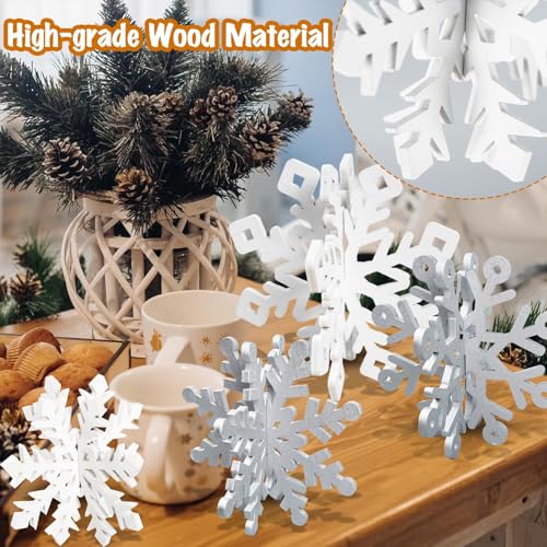 Wooden Snowflake Decorations, 3D Christmas Table Decorations, Set of 6 - color: White Silver, size: 6 set