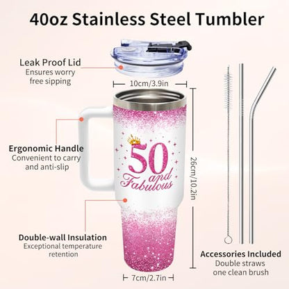 50th Birthday Gifts for Women Her, 1976 50th Birthday Tumbler 40 oz with Handle and Straw, 50 Year Old Gift for Women Mom Wife Sister Friend - Fifty and Fabulous Tumblers - color: Fifty1
