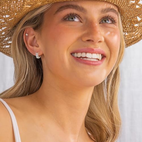 14K Gold Huggie Earrings for Women Silver Huggie Hoop Earrings Cubic Zirconia Huggie Earrings Stud Earrings Lightweight Dainty Hypoallergenic Earrings Jewelry Gifts - color: Silver Olive Leaf CZ Huggie Earrings