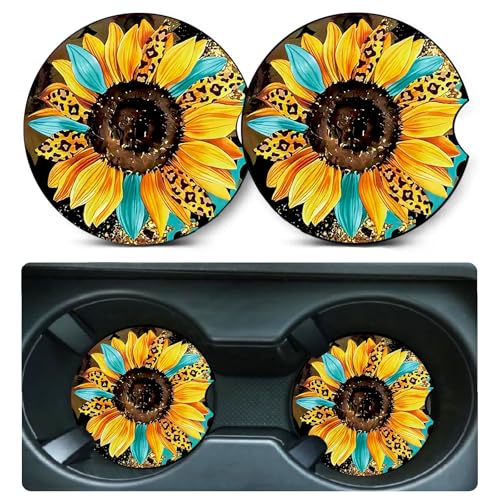 2 PCS Sunflower Leopard Car Cup Holder Coasters Universal Neoprene Coasters - color: Leopard Sunflower