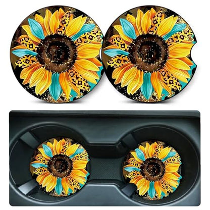 2 PCS Sunflower Leopard Car Cup Holder Coasters Universal Neoprene Coasters - color: Leopard Sunflower