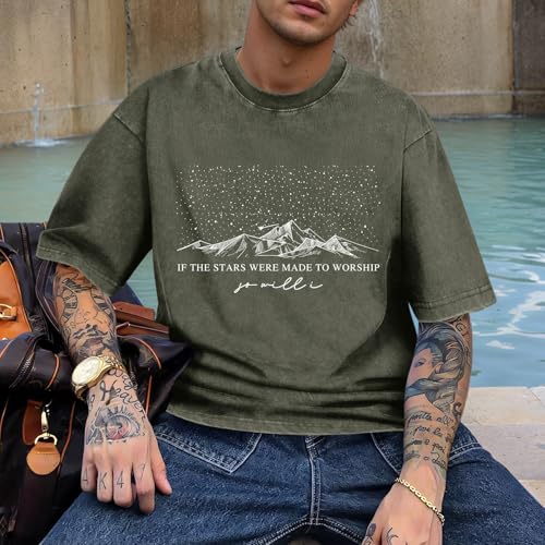 Christian Faith God Shirts for Men Jesus Bible Verse Shirt Oversized Acid Wash Tshirts Star Mountain Graphic Tees - color: Armygreen, size: Small