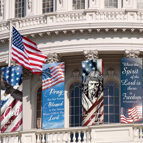 4Pcs Independence Day Church Banners for Sanctuary Wall 250 Anniversary USA 4th of July Religious Hanging Backdrop Church Banner with Scripture Worship Bible Verses for Patriotic Holiday Decor - style: Independence Day