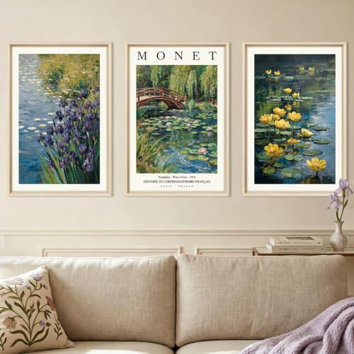 HOURIA Monet Water Lilies Impressionist Framed Canvas Wall Art Set, Sage Green Monet Pond Watercolor Floral Botanical Wall Decor, Natural Modern Landscape Artwork for Living Room, Farmhouse- 16"x24"x3 - color: Monet Water Lilies Wall Art, size: 16"L x 24"