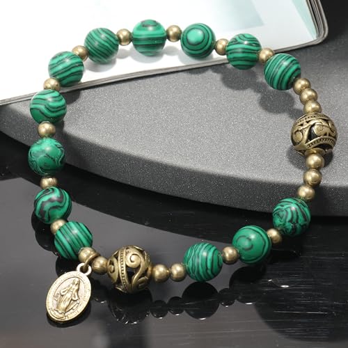 Nazareth Store Stone Beads Rosary Bracelet with Metal Separators and Catholic Medal - Durable and Elegant Wrist Jewelry - color: Malachite
