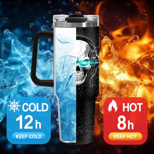 Gaming Tumbler Gifts for Men Teen Kids, 40oz Gamer Insulated Mug, Skull Video Game Controller Stainless Steel Travel Tumbler with Handle Straw, Double Wall Insulated Cup Present for Boys Teenagers - color: Game-D-532-E