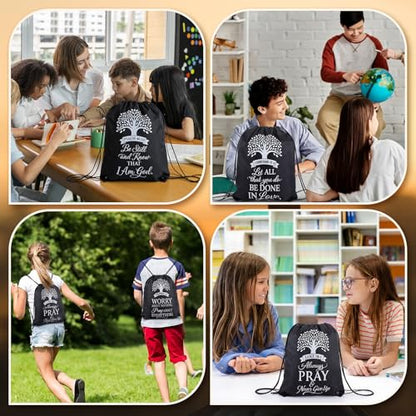 Bulyoou 24 Pcs Black Christian Drawstring Backpack Religious Gift Drawstring Bags Large Bible Verse Baptism Reusable String Bag for Church Bible Study Group - style: Black Religion