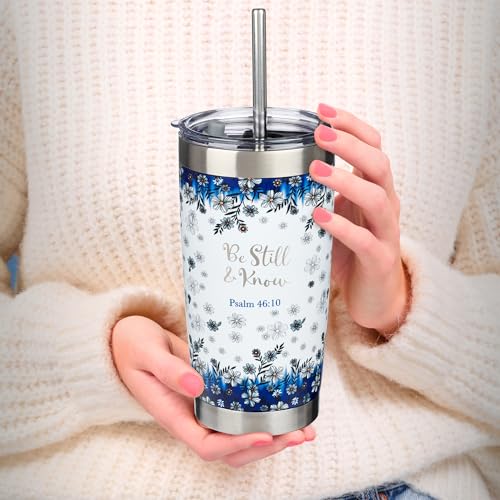 Christian Art Gifts Double Wall Vacuum Insulated Stainless Steel Travel Mug and Straw 18 oz Blue Floral Camp Style Coffee Mug with Lid for Women Laser-engraved- Be Still & Know -Psalm 46:10 - color: White & Blue/Be Still