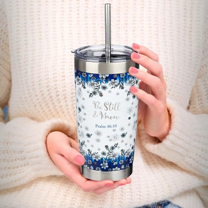 Christian Art Gifts Double Wall Vacuum Insulated Stainless Steel Travel Mug and Straw 18 oz Blue Floral Camp Style Coffee Mug with Lid for Women Laser-engraved- Be Still & Know -Psalm 46:10 - color: White & Blue/Be Still